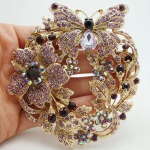 Elegant Purple and Gold Butterfly Floral Broach Pendant Metal Base